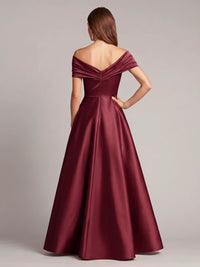 Sheath Mother Of The Bride Dresses Elegant Satin Sequins Floor-Length Off-The-Shoulder Bow Short Sleeves Formal Dresses Wedding Guest Burgundy Dress With Overskirt