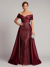 Sheath Mother Of The Bride Dresses Elegant Satin Sequins Floor-Length Off-The-Shoulder Bow Short Sleeves Formal Dresses Wedding Guest Burgundy Dress With Overskirt