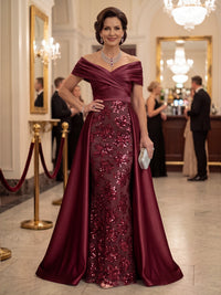 Sheath Mother Of The Bride Dresses Elegant Satin Sequins Floor-Length Off-The-Shoulder Bow Short Sleeves Formal Dresses Wedding Guest Burgundy Dress With Overskirt