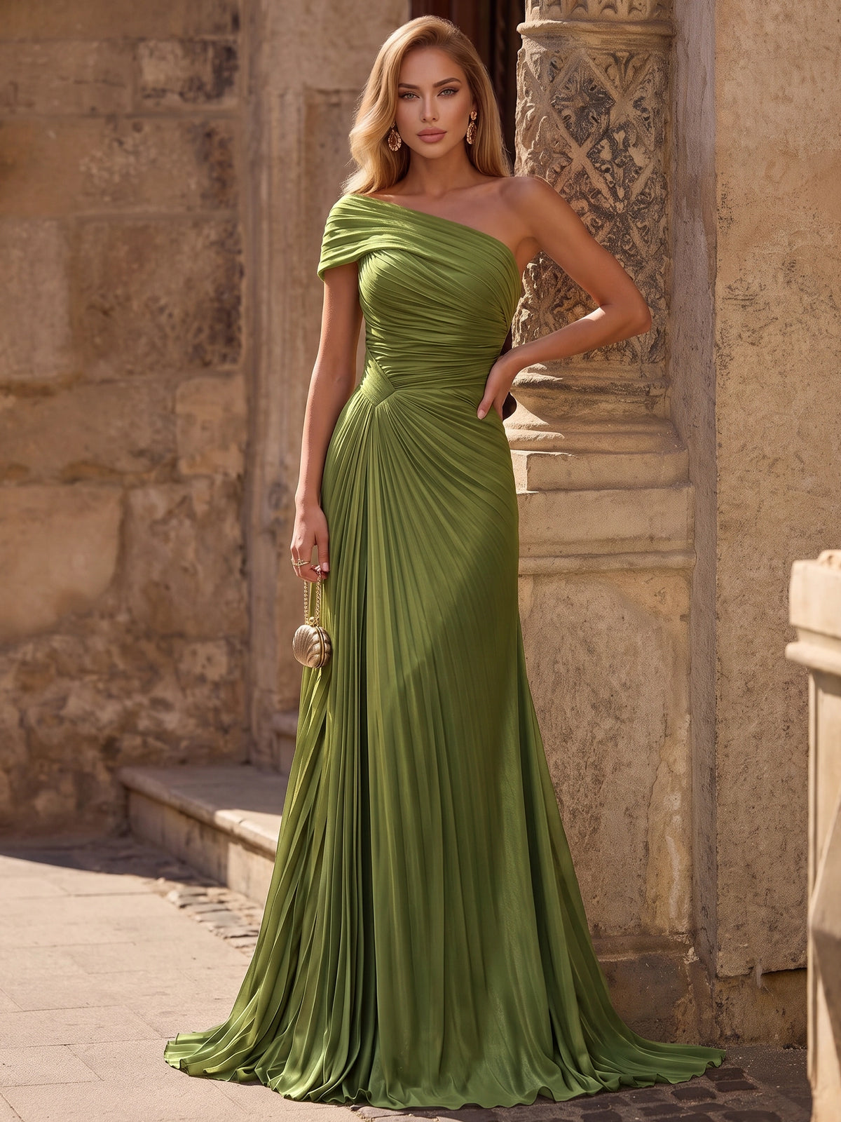 A-Line Evening Dresses Chiffon One Shoulder Sleeveless Floor-Length Runched Olive Green Formal Wedding Guest Dresses