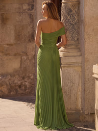 A-Line Evening Dresses Chiffon One Shoulder Sleeveless Floor-Length Runched Olive Green Formal Wedding Guest Dresses