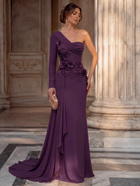 A-Line Evening Dresses Chiffon One Shoulder Long Sleeves Floor-Length Plum Formal Wedding Guest Dresses With 3D Floral Side Drape