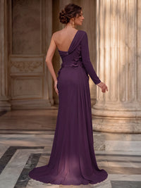A-Line Evening Dresses Chiffon One Shoulder Long Sleeves Floor-Length Plum Formal Wedding Guest Dresses With 3D Floral Side Drape