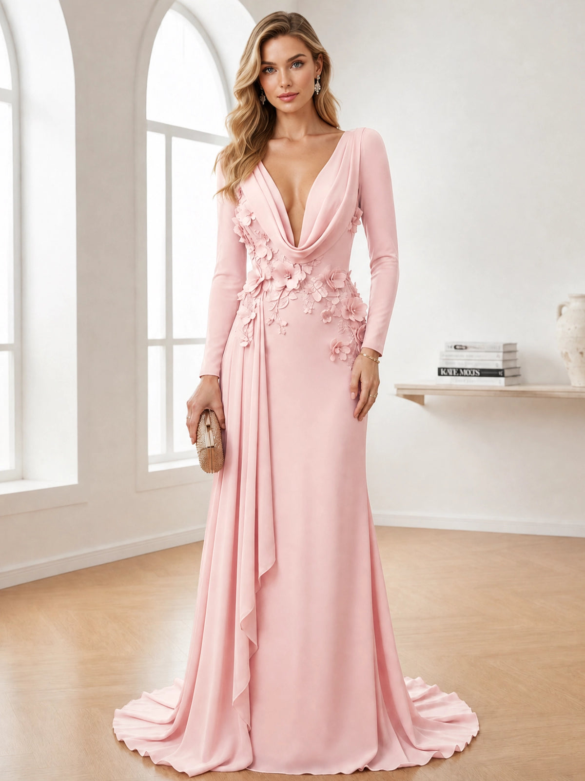 A-Line Evening Dresses Chiffon Draped Cowl V Neck Long Sleeves Floor-Length Pink Formal Wedding Guest Dresses With 3D Floral Applique Side Drape