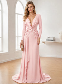 A-Line Evening Dresses Chiffon Draped Cowl V Neck Long Sleeves Floor-Length Pink Formal Wedding Guest Dresses With 3D Floral Applique Side Drape