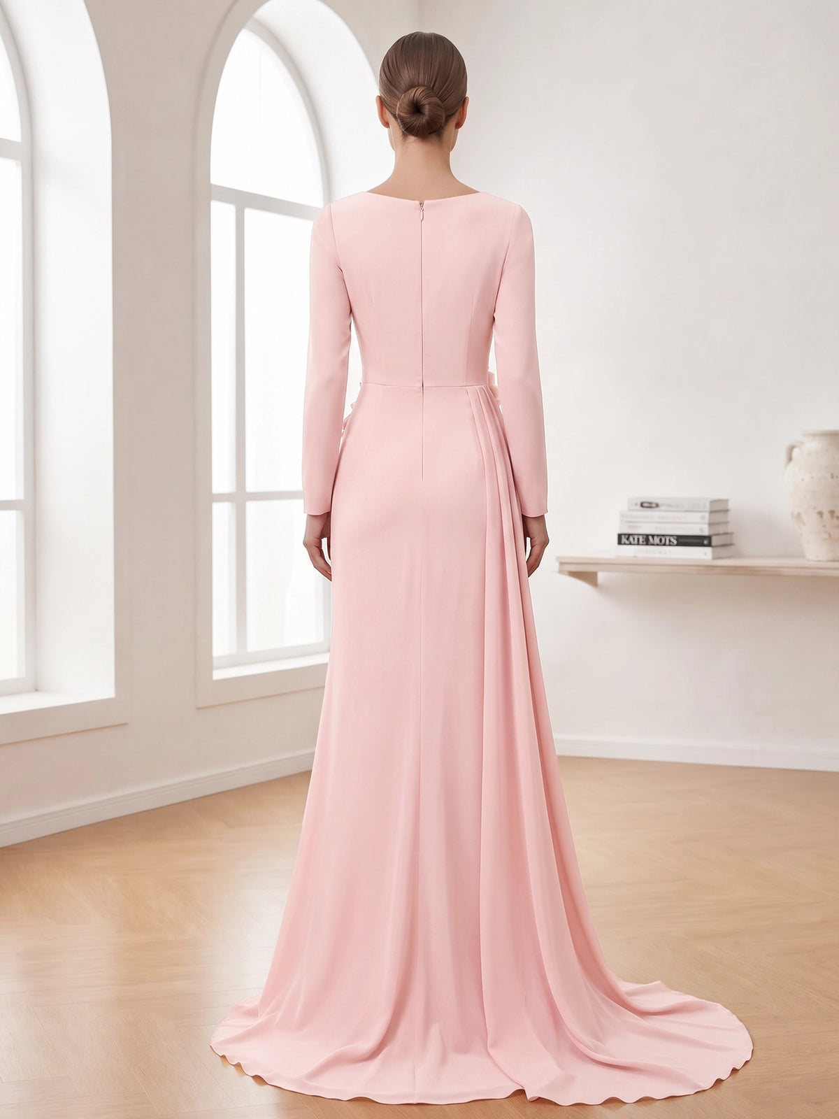 A-Line Evening Dresses Chiffon Draped Cowl V Neck Long Sleeves Floor-Length Pink Formal Wedding Guest Dresses With 3D Floral Applique Side Drape