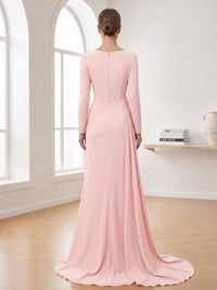A-Line Evening Dresses Chiffon Draped Cowl V Neck Long Sleeves Floor-Length Pink Formal Wedding Guest Dresses With 3D Floral Applique Side Drape