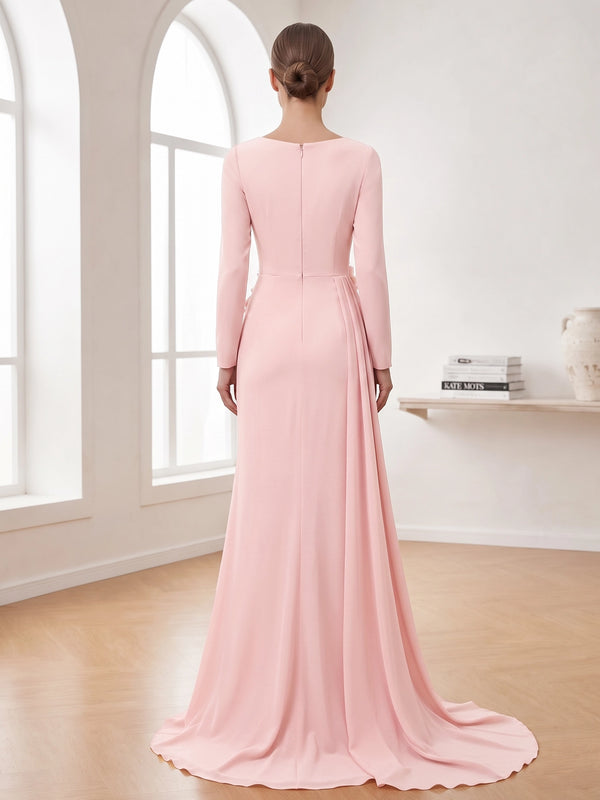 A-Line Evening Dresses Chiffon Draped Cowl V Neck Long Sleeves Floor-Length Pink Formal Wedding Guest Dresses With 3D Floral Applique Side Drape