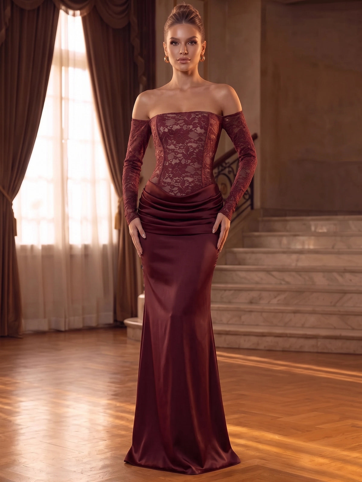 Mermaid Evening Dress Satin Lace Off The Shoulder Long Sleeves Runched Floor Length Formal Wedding Guest Dress