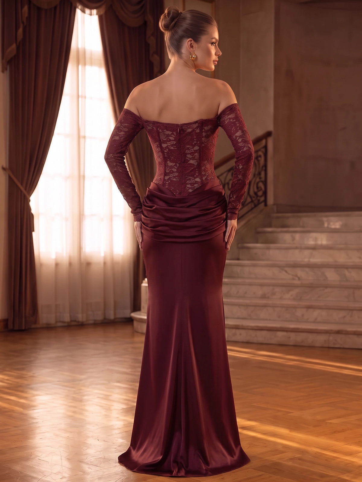 Mermaid Evening Dress Satin Lace Off The Shoulder Long Sleeves Runched Floor Length Formal Wedding Guest Dress