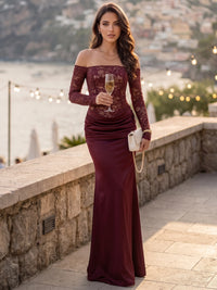 Mermaid Evening Dress Satin Lace Off The Shoulder Long Sleeves Runched Floor Length Formal Wedding Guest Dress