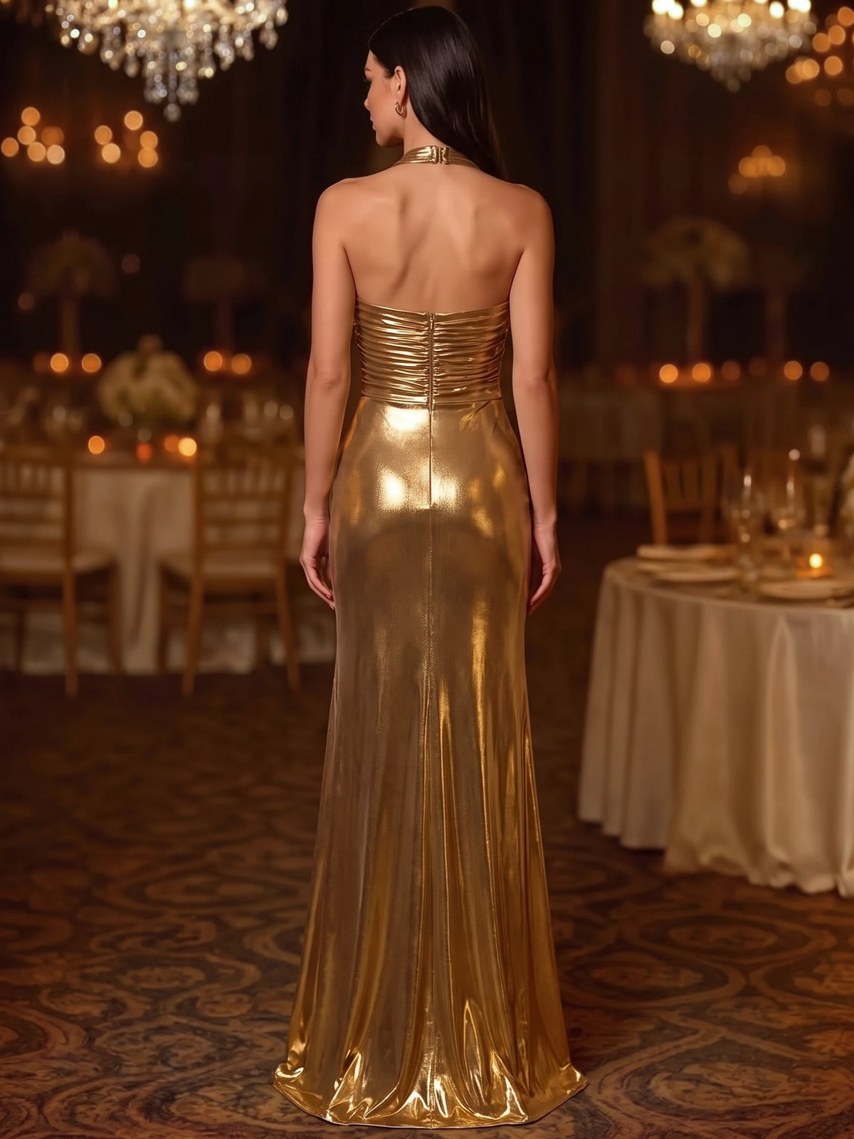 Sheath Evening Gown Luxury V Neck Sleeveless Floor Length Formal Metallic Satin Gold Runched Luxury Evening Dresses With High Slit