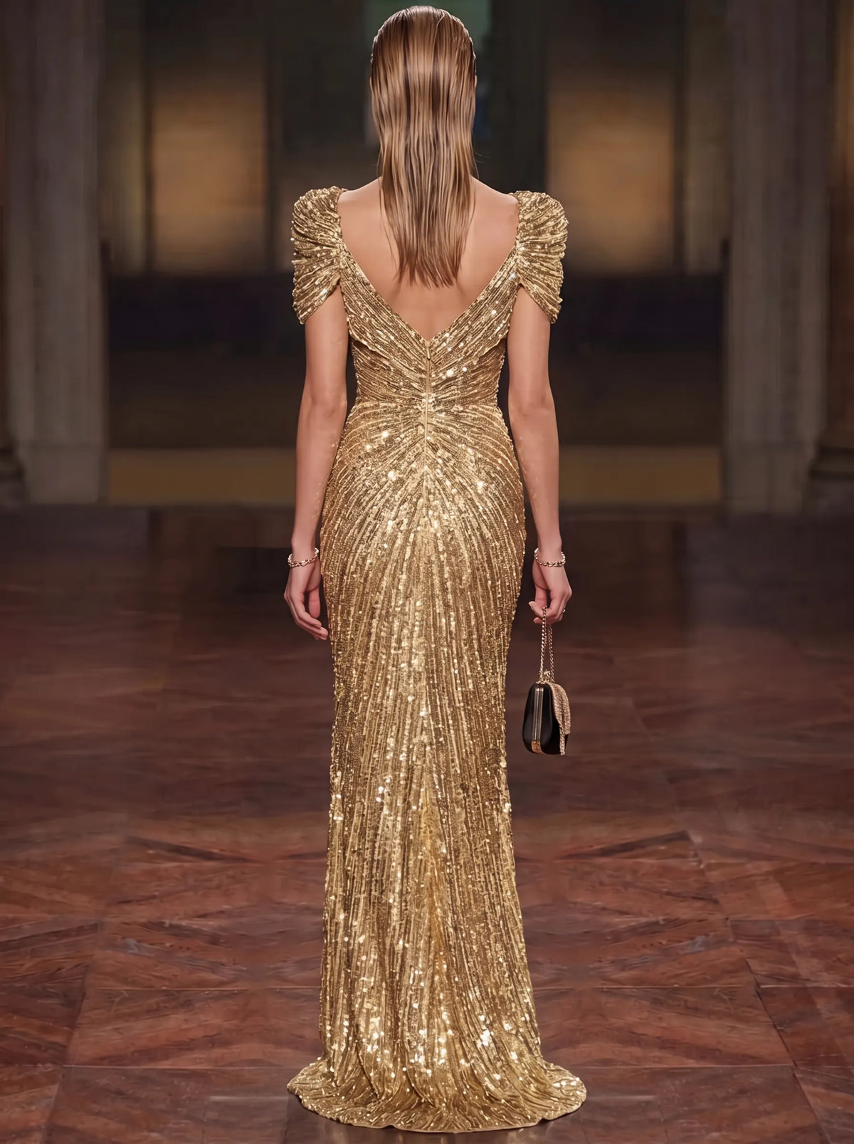Sheath Evening Gown Luxury Round Neck Short Sleeves Floor Length Formal Sequins Gold Runched Christmas Party
