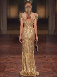 Sheath Evening Gown Luxury Round Neck Short Sleeves Floor Length Formal Sequins Gold Runched Christmas Party
