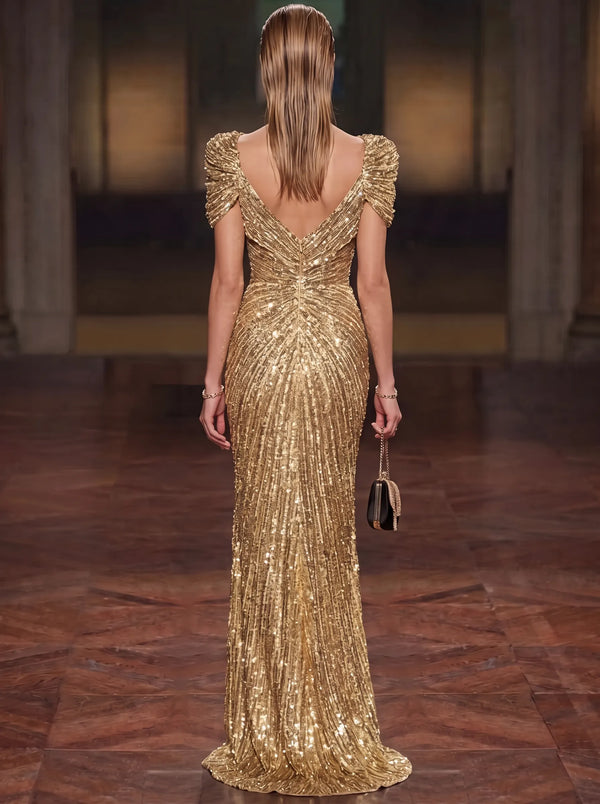 Sheath Evening Gown Luxury Round Neck Short Sleeves Floor Length Formal Sequins Gold Runched Christmas Party