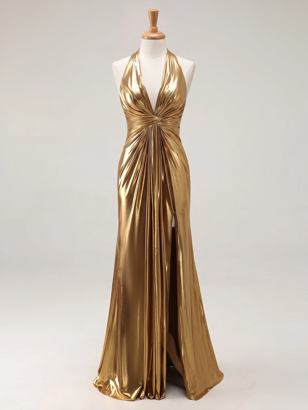 Sheath Evening Gown Luxury V Neck Sleeveless Floor Length Formal Metallic Satin Gold Runched Luxury Evening Dresses With High Slit