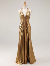 Sheath Evening Gown Luxury V Neck Sleeveless Floor Length Formal Metallic Satin Gold Runched Luxury Evening Dresses With High Slit