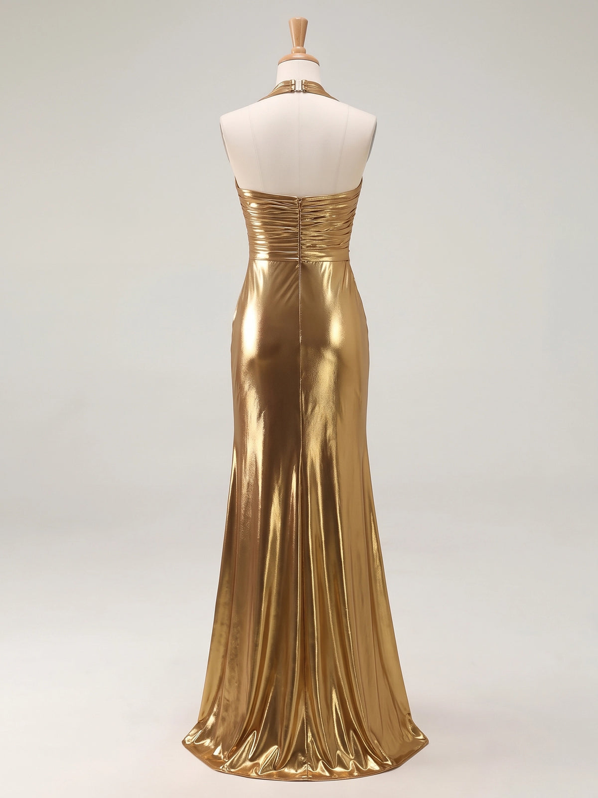 Sheath Evening Gown Luxury V Neck Sleeveless Floor Length Formal Metallic Satin Gold Runched Luxury Evening Dresses With High Slit