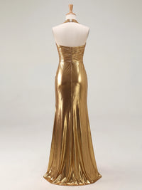 Sheath Evening Gown Luxury V Neck Sleeveless Floor Length Formal Metallic Satin Gold Runched Luxury Evening Dresses With High Slit