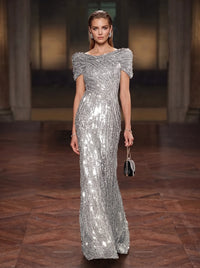 Sheath Evening Gown Luxury Round Neck Short Sleeves Floor Length Formal Sequins Gold Runched Christmas Party