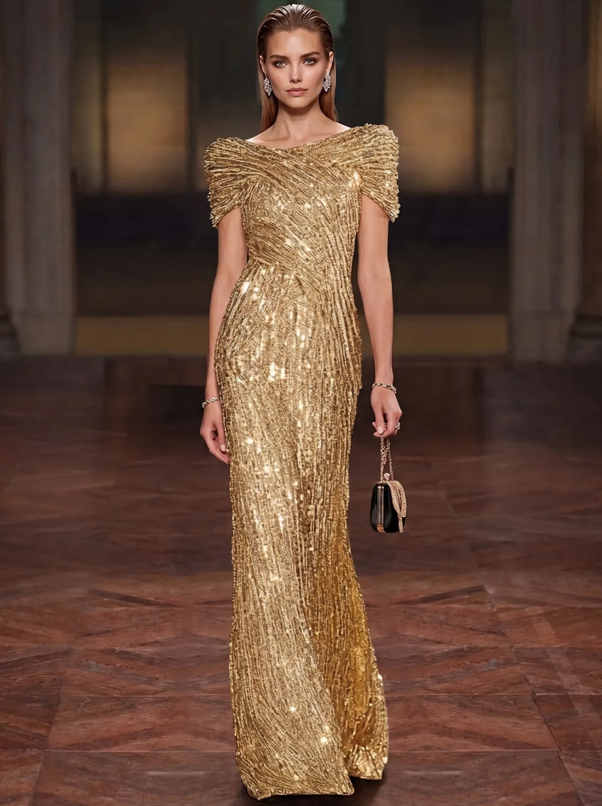 Sheath Evening Gown Luxury Round Neck Short Sleeves Floor Length Formal Sequins Gold Runched Christmas Party