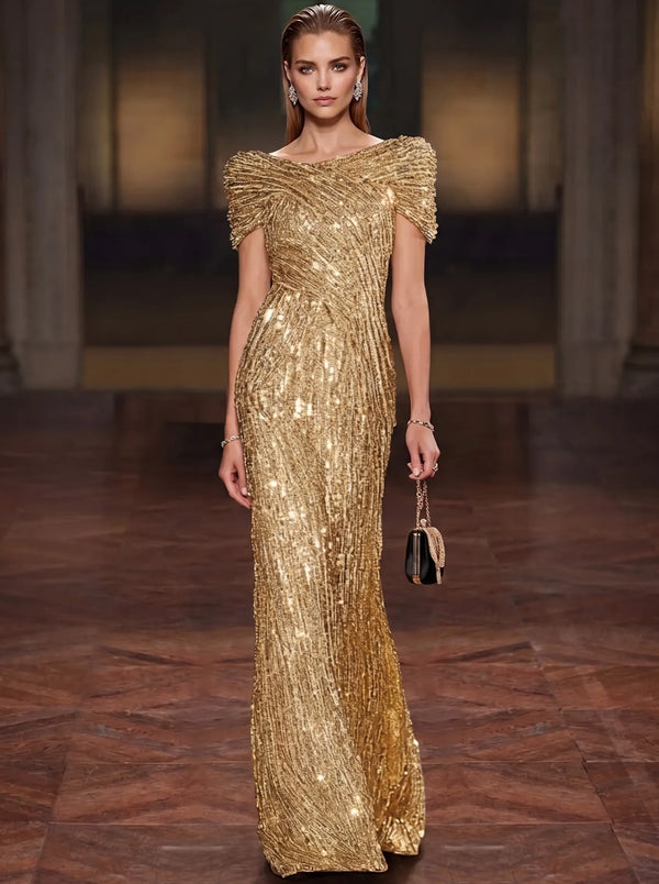 Sheath Evening Gown Luxury Round Neck Short Sleeves Floor Length Formal Sequins Gold Runched Christmas Party