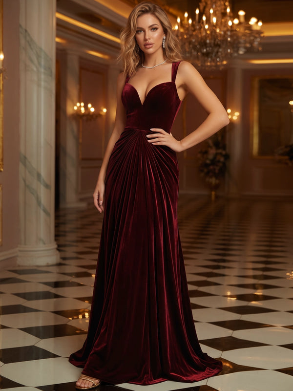 A-Line Velvet Evening Gown Floor Length Runched Sweetheart Sleeveless Burgundy Elegant Formal Wedding Guest Dress