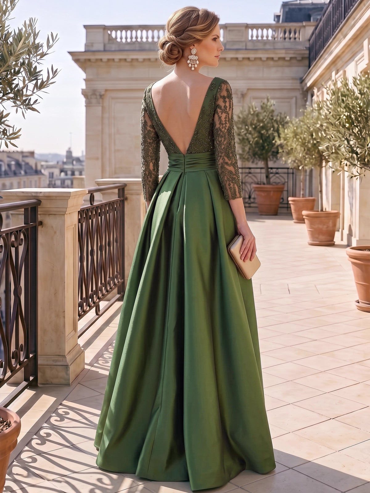 A-Line/Princess Long Sleeves Mother Of The Bride Dresses Bead Sequins Wedding Guest Dress V Neck With High Slit Bow