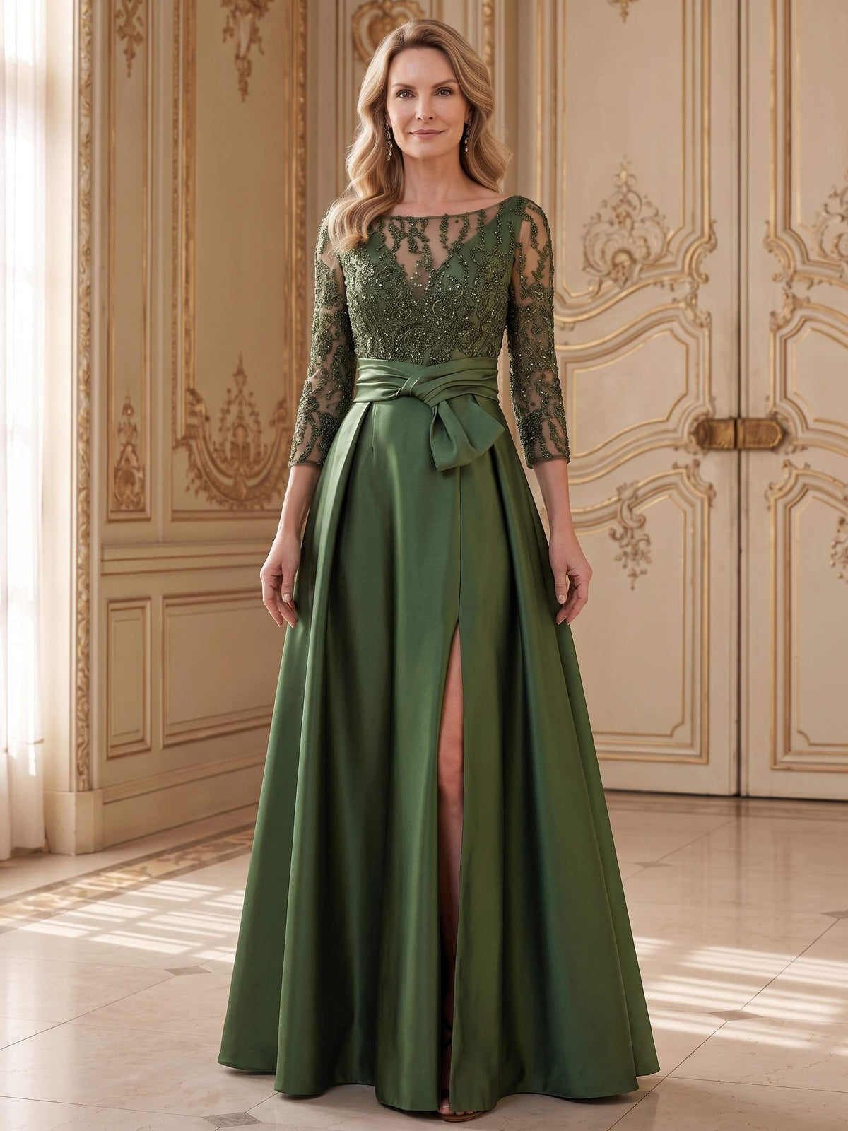 A-Line/Princess Long Sleeves Mother Of The Bride Dresses Bead Sequins Wedding Guest Dress V Neck With High Slit Bow