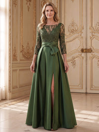 A-Line/Princess Long Sleeves Mother Of The Bride Dresses Bead Sequins Wedding Guest Dress V Neck With High Slit Bow