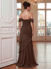 A-Line Evening Dresses Chiffon Ruffled Off The Shoulder Runched Brown Sleeveless Floor-Length Formal Wedding Guest Dresses