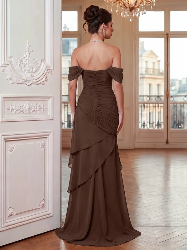 A-Line Evening Dresses Chiffon Ruffled Off The Shoulder Runched Brown Sleeveless Floor-Length Formal Wedding Guest Dresses