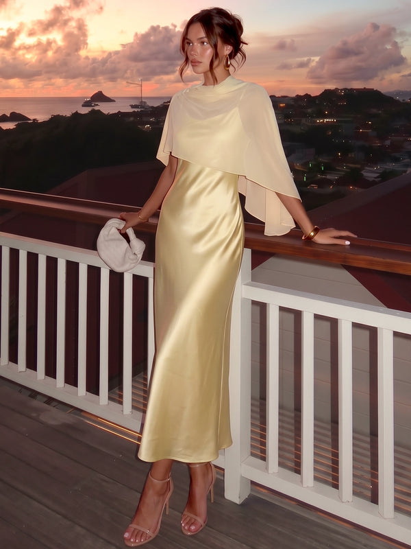 Sheath Cocktail Dress Satin Square Neck Sleeveless Ankle Length Canary Formal Wedding Guest Dress With Cape
