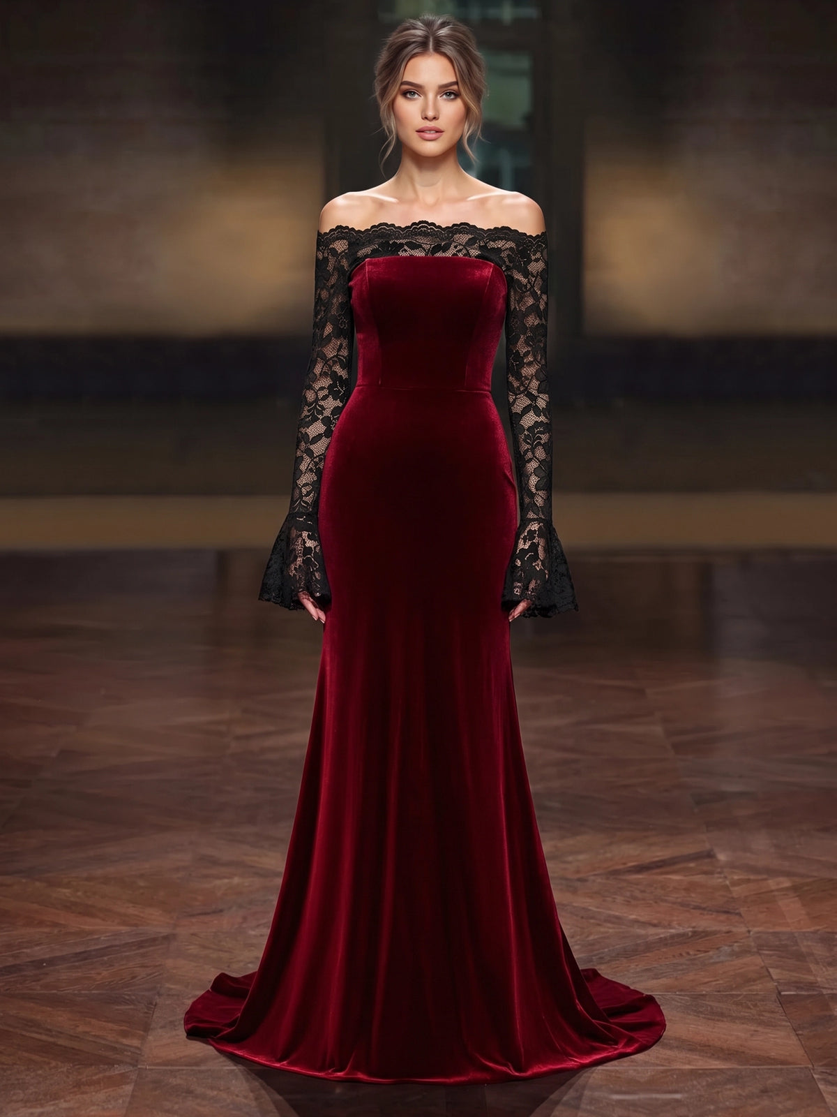 Sheath Velvet Evening Gown Floor Length Lace Off The Shoulder Long Sleeves Burgundy Elegant Formal Wedding Guest Dress