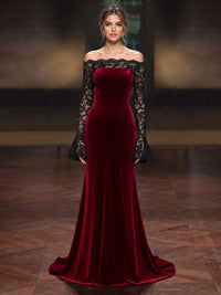 Sheath Velvet Evening Gown Floor Length Lace Off The Shoulder Long Sleeves Burgundy Elegant Formal Wedding Guest Dress
