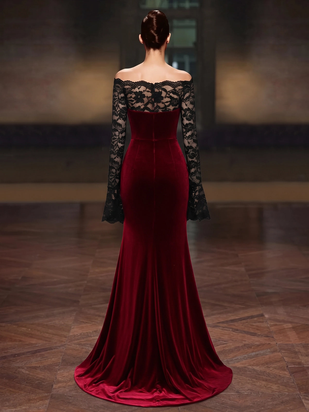 Sheath Velvet Evening Gown Floor Length Lace Off The Shoulder Long Sleeves Burgundy Elegant Formal Wedding Guest Dress