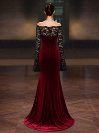 Sheath Velvet Evening Gown Floor Length Lace Off The Shoulder Long Sleeves Burgundy Elegant Formal Wedding Guest Dress