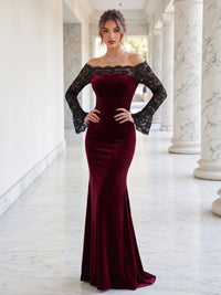 Sheath Velvet Evening Gown Floor Length Lace Off The Shoulder Long Sleeves Burgundy Elegant Formal Wedding Guest Dress