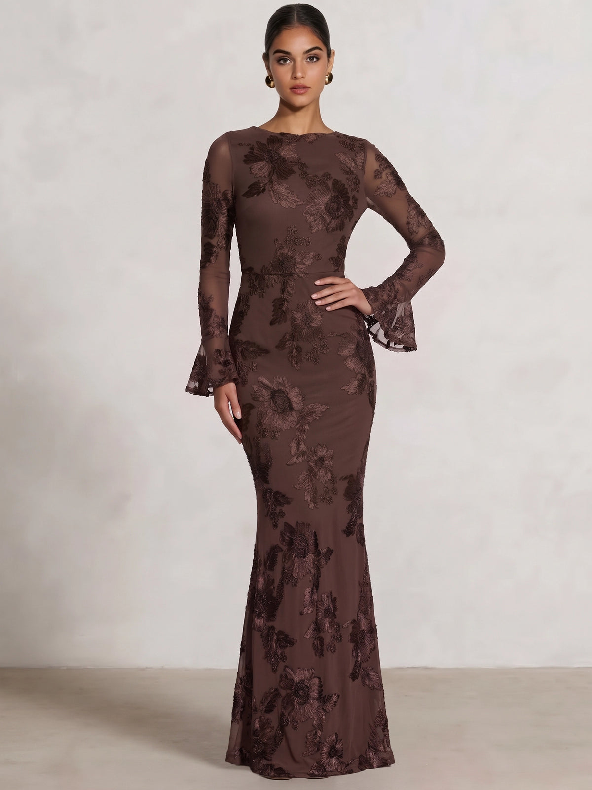 Mermaid Evening Dress Floral Embroidery Long Sleeves Formal Dress Floor-Length Cowl Neck Brown Wedding Guest Dresses