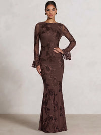 Mermaid Evening Dress Floral Embroidery Long Sleeves Formal Dress Floor-Length Cowl Neck Brown Wedding Guest Dresses