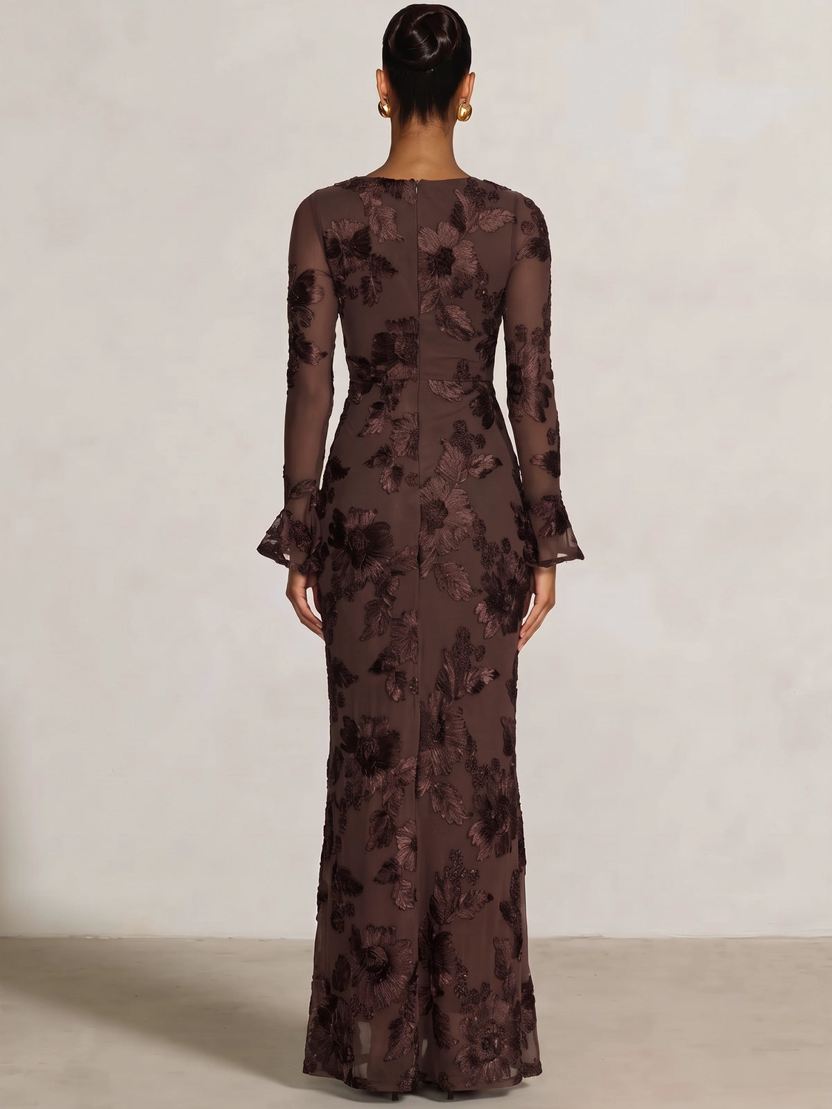 Mermaid Evening Dress Floral Embroidery Long Sleeves Formal Dress Floor-Length Cowl Neck Brown Wedding Guest Dresses