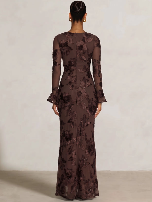 Mermaid Evening Dress Floral Embroidery Long Sleeves Formal Dress Floor-Length Cowl Neck Brown Wedding Guest Dresses