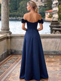 A-Line/Princess Evening Dress Satin Off-The-Shoulder Short Sleeves With 3D Floral Appliques Floor-Length Ruched Side Slit Boning Zipper Formal  Dress