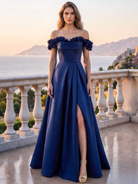 A-Line/Princess Evening Dress Satin Off-The-Shoulder Short Sleeves With 3D Floral Appliques Floor-Length Ruched Side Slit Boning Zipper Formal  Dress
