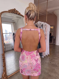 Sheath Short Homecoming Dresses Jacquard V Neck Floral Pink Sleeveless Short Zipper Dresses