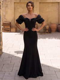 Mermaid Evening Dress Off The Shoulder Short Sleeves Floor-Length Black Runched Bodice Gown