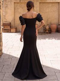 Mermaid Evening Dress Off The Shoulder Short Sleeves Floor-Length Black Runched Bodice Gown