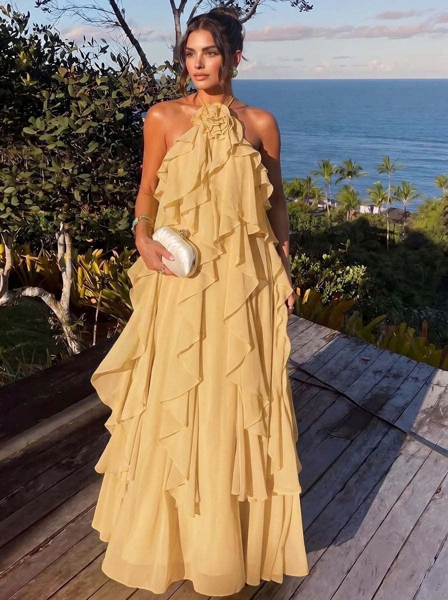A字型/公主式舞会礼服 褶皱雪纺吊带及地伴娘礼服