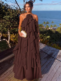 A Line/Princesses Evening Dresses Ruffled Chiffon Halter Sleeveless Tiered Floor-Length Criss Cross Straps Summer Party