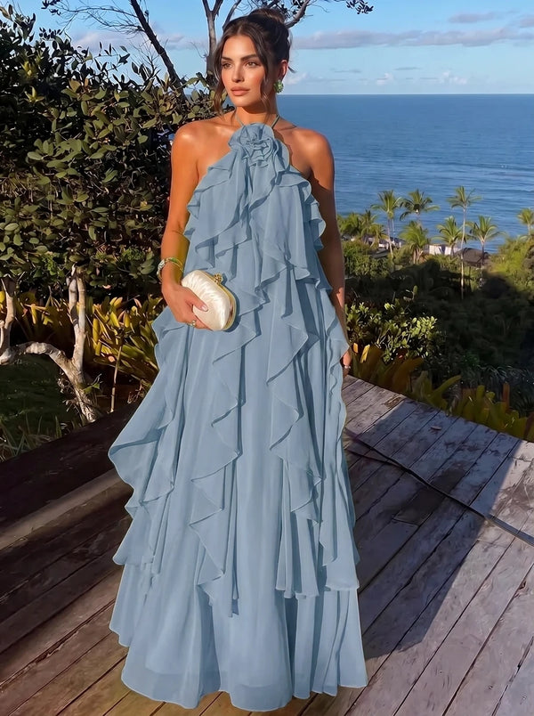 A Line/Princesses Evening Dresses Ruffled Chiffon Halter Sleeveless Floor-Length Criss Cross Straps Summer Party